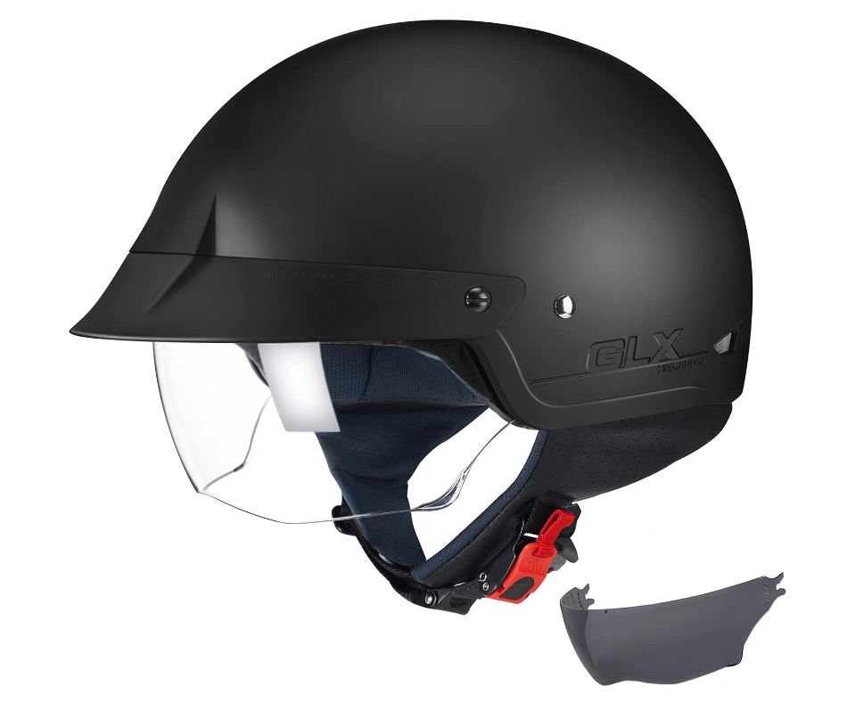GLX M14 Cruiser Scooter Motorcycle Half Helmet with Free Tinted Retractable Visor DOT Approved